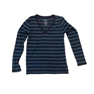 Long sleeve bowery V-neck striped gap stretch tee L navy green super soft